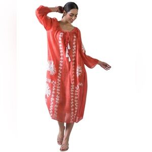 Embroidered Coral Women’s Midi Cover Up with Tassel Tie and Pockets